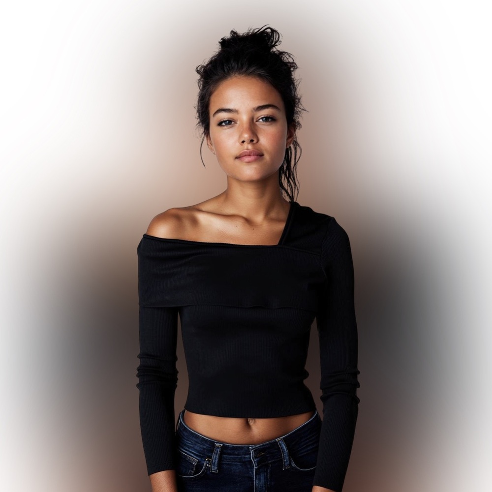 Zara Black Asymmetric Off-the-Shoulder Ribbed Knit Top - Size S (Excellent Condi